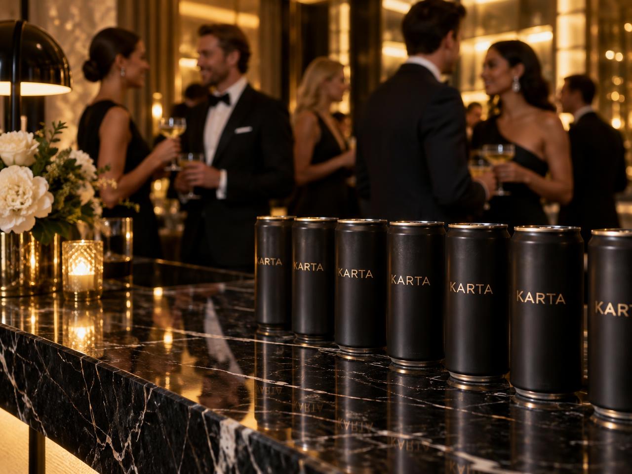 Karta cans on a bar at a private client reception